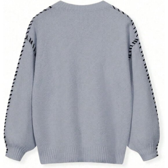 Women's Grey Oversized Stitching Long Sleeve Crew Neck Baggy Knit Sweaters - Picture 3 of 5